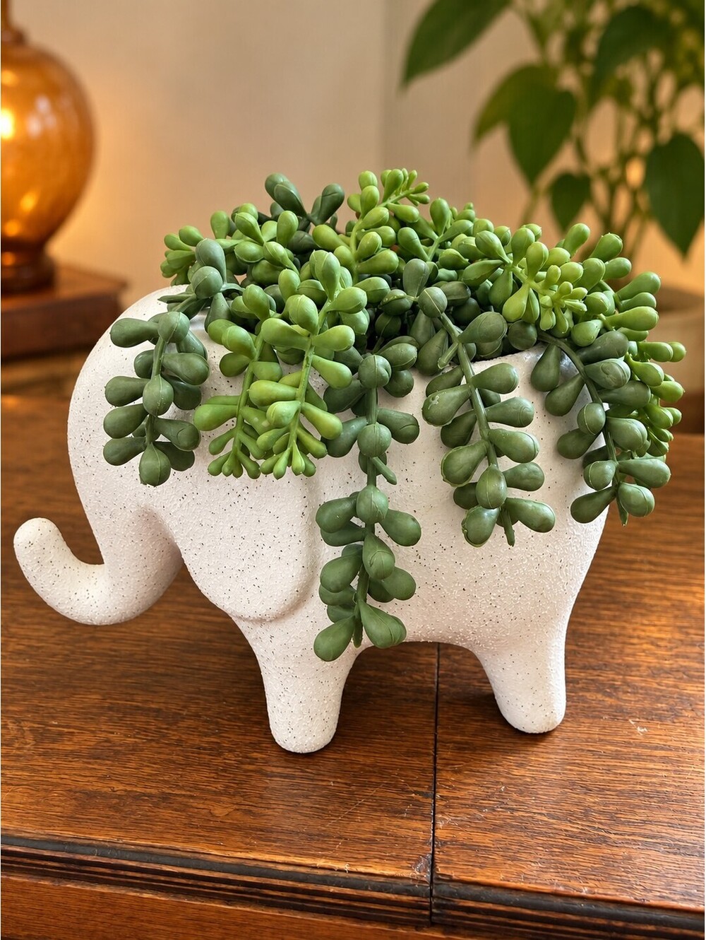 Ivory Elephant Planter with Faux Trailing Succulent | Shelf Decor